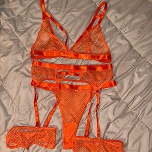 orange mesh 4 piece set w/ garter belt and garters
